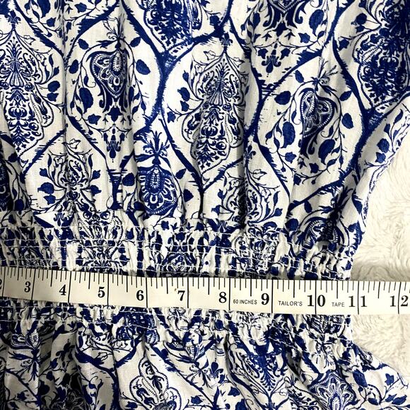 Saks Fifth Avenue Blue Printed Linen Smocked A-line Summer Mini Dress M - Picture 7 of 7